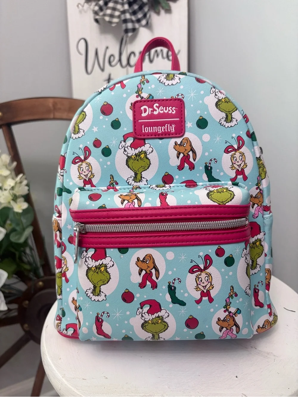 LOUNGEFLY Dr. Seuss Grinch Teal and Red Kids Mini Backpack NWT